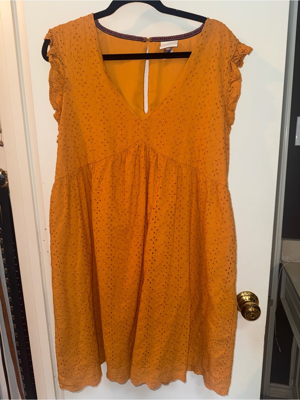 Knox Rose Lined Mustard Yellow Eyelet V-Neck Flutter Sleeve Dress - XXL